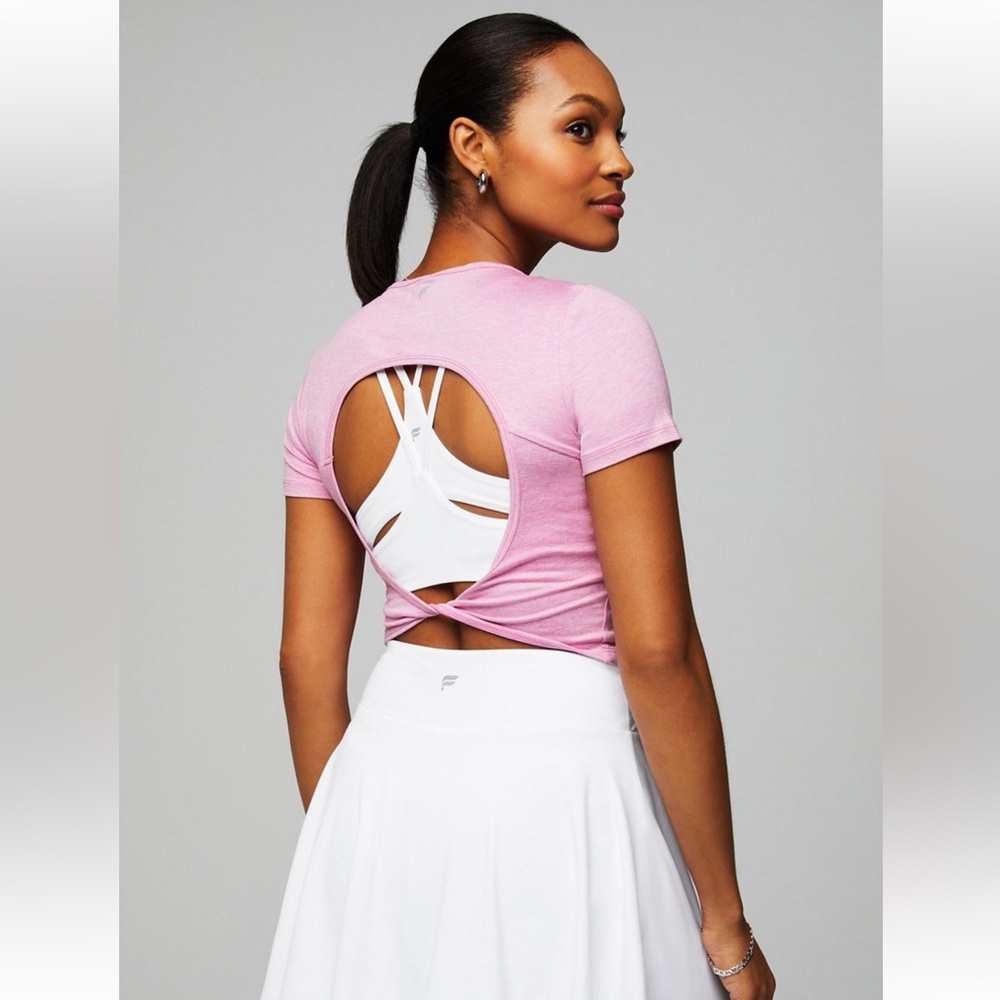 NWT Fabletics Dry-Flex Open Back Twist Short Sleeve Tee in Pink Sunset Heather